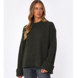 GANNI Ribbed Knit Recycled Wool Pullover Sweater in Dark Green